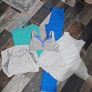 Lululemon Activewear Set with Blue Leggings, Bra, 3 Tanks- 5 Piece Bundle